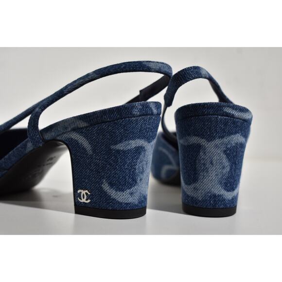 Chanel 23B Coco Sling Dark Blue Denim White CC Logo Slingback Block Heel 39 - Picture 10 of 12